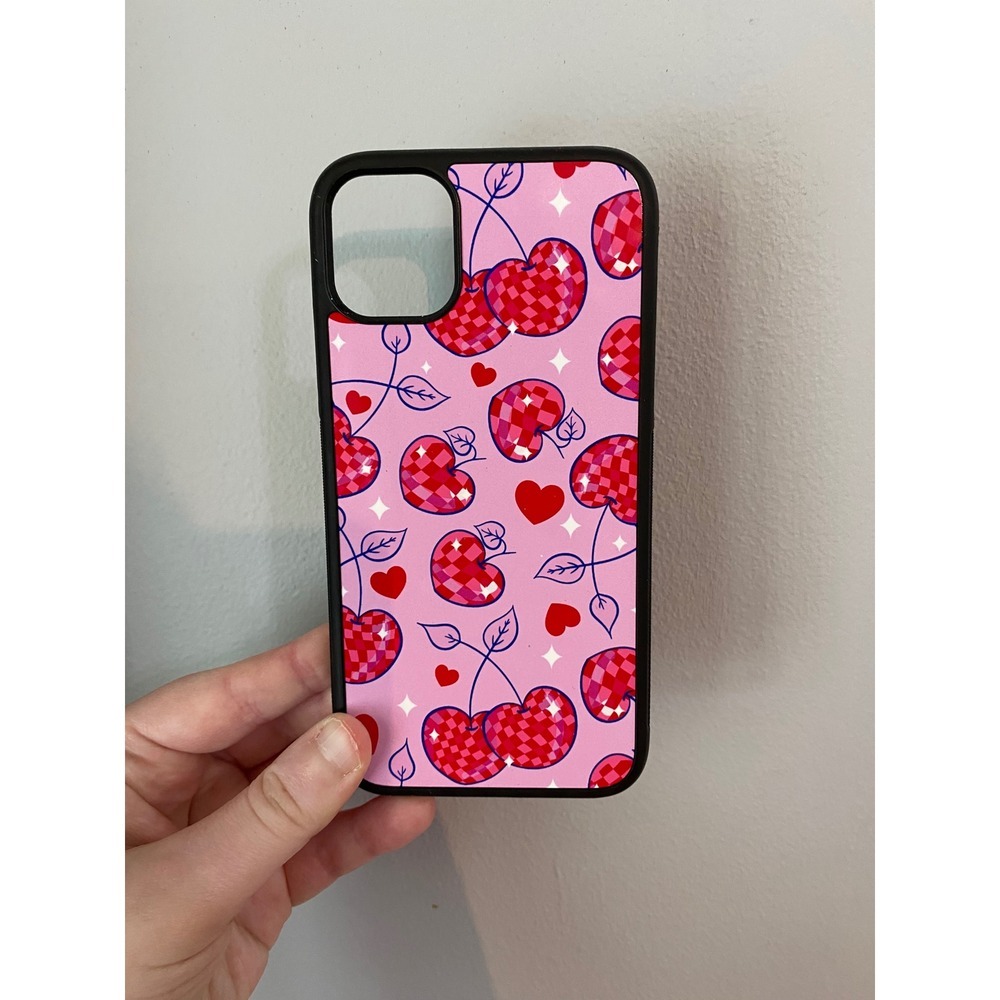 iPhone 11 Phone Case Pink‎ Disco Ball Cherry Heart Pattern Black Bumper Grip